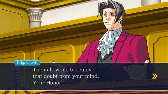 Best visual novels: Phoenix Wright - Ace Attorney Trilogy, an image show the character Edgeworth on the stand, accompanied by the dialogue "Then allow me to remove that doubt from your mind, Your Honor."