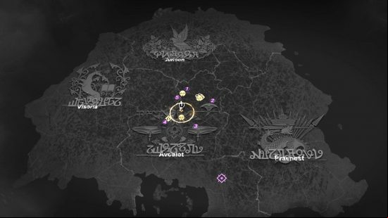 Forspoken map: a black and white outline of a mystical land