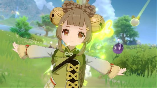Genshin Impact Yaoyao banner: Yaoyao running away from an enemy