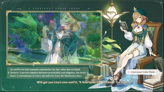 Genshin Impact outfits - Lisa A Sobriquet Under Shade, Lisa sits in a new green and white skin
