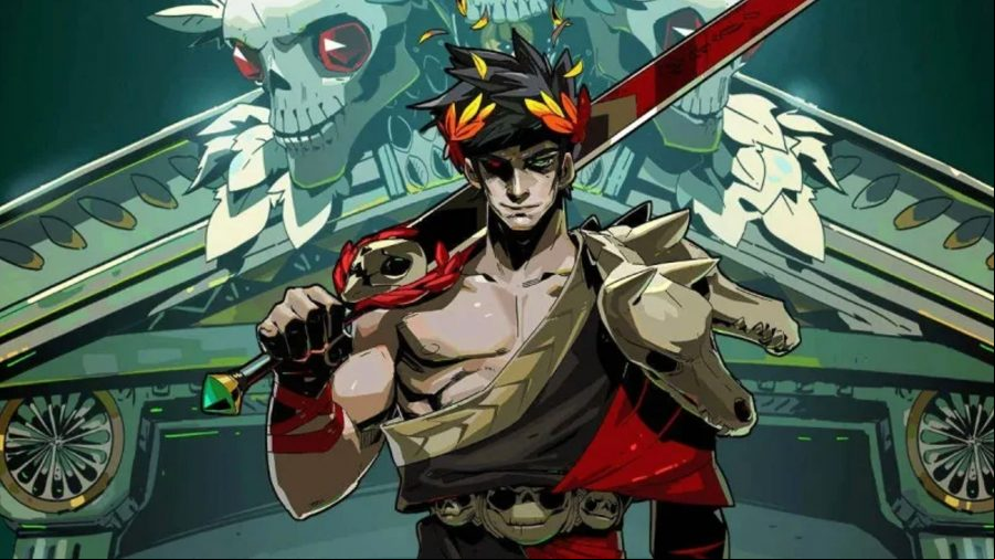 Hades wielding his sword before the House of Hades, the hub that he returns to after his endless attempts to escape the Underworld.