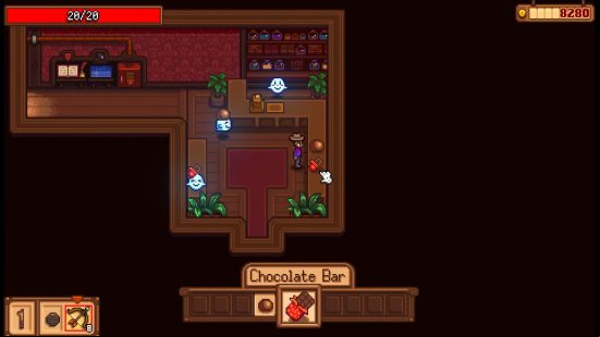 Haunted Chocolatier release date: The player character looking at a chocolate bar item