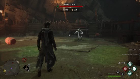 Hogwarts Legacy early access - a wizard duelling an Ashwinder Scout in a Dark Arts Arena.