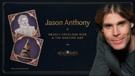 Hogwarts Legacy cast and voice actors: A picture of Jason Anthony accompanied by the text "Jason Anthony is Nearly Headless Nick and The Sorting Hat""