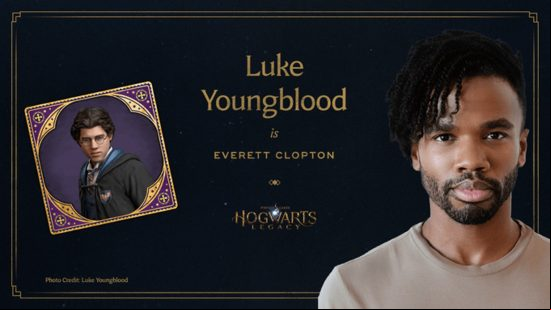 Hogwarts Legacy cast and voice actors: A picture of Luke Youngblood accompanied by the text "Luke Youngblood is Everett Clopton"
