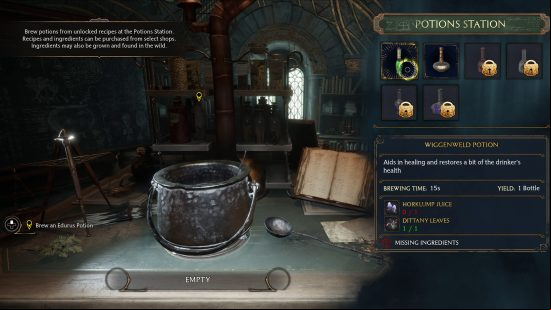 Hogwarts Legacy potions: The brewing menu when you use a potion station in Hogwarts Legacy