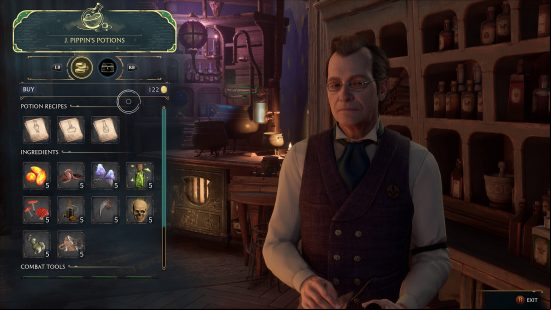 Hogwarts Legacy potions: J. Pippin's Potion shop showing off his inventory