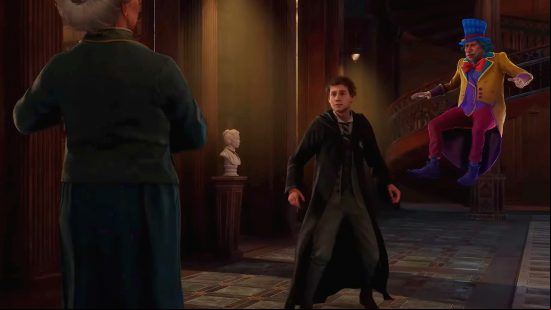 Hogwarts Legacy companions: Sebastian Sallow getting interrogated by the librarian while Peeves the poltergeist watches on mischievously.