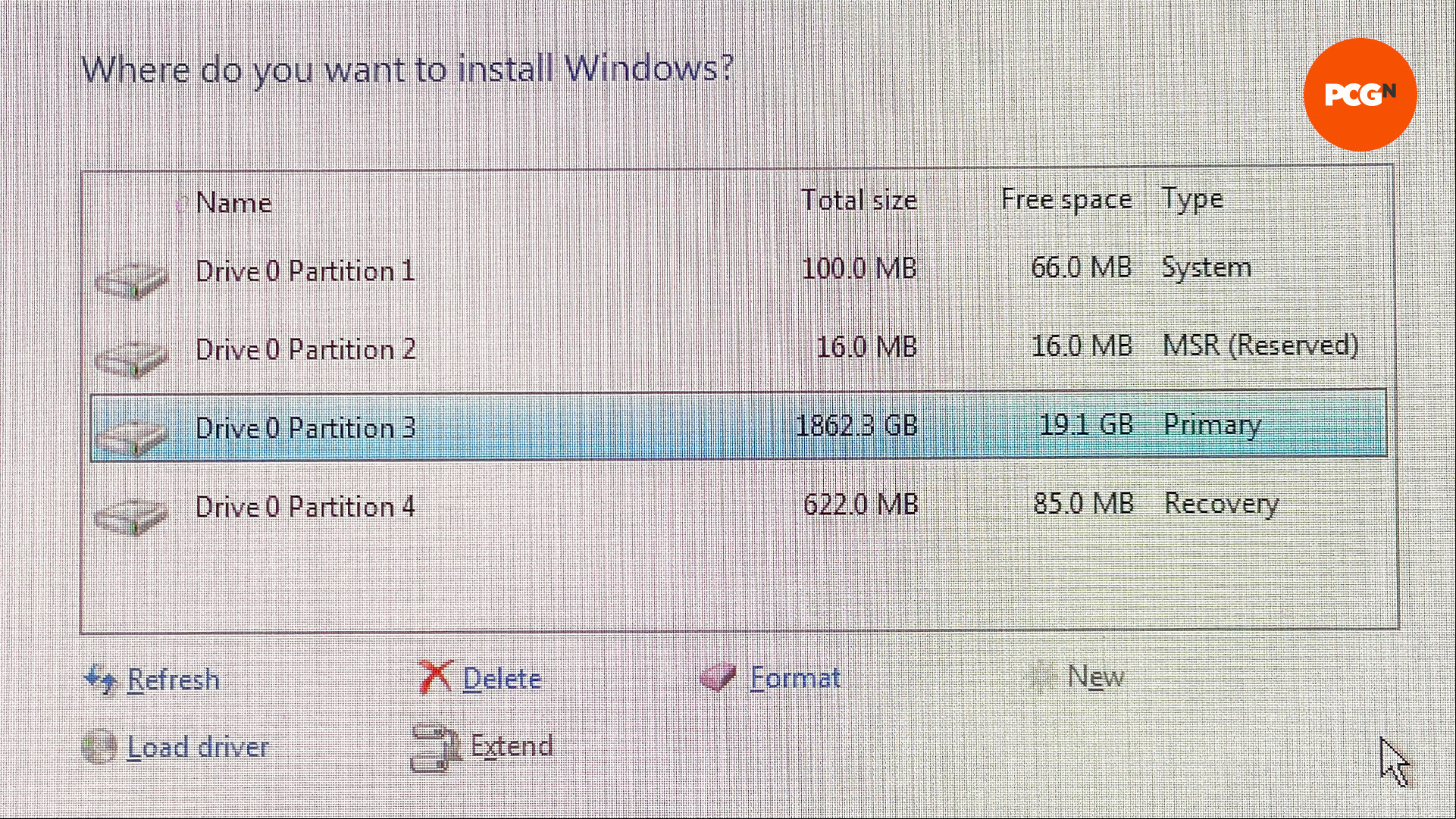 A window which asks the  which drive they want to install windows on