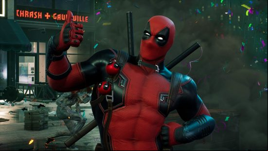 Midnight suns Deadpool DLC: a man dressed in red and black gives a thumbs up to the camera as his enemies explode behind him