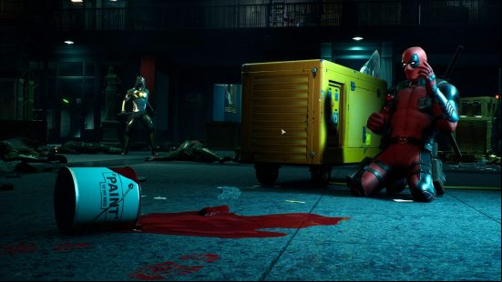 Midnight Suns Deadpool DLC: a man dressed in red and black sits in horror at a pot of spilled red paint