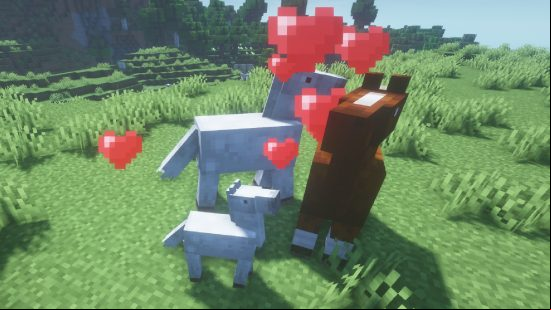 How to breed Minecraft horses: Two adult Minecraft horses enter love mode as a foal appears beside them