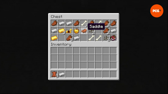 A dungeon chest containing a Minecraft saddle.