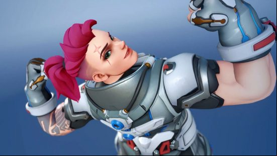 Overwatch 2 tier list: Zarya, a tank hero in Blizzard's battle royale, flexing for the camera