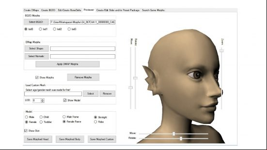 Sims 4 mods: MorphMaker, a head with pointy ears and no hair appears next to a list of detailed customisation options
