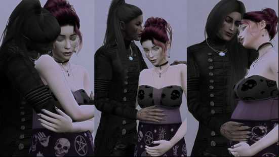 Sims 4 sex mods: Longer shorter pregnancy, a couple stand in an embrace in three separate images, each with one female in different stages of pregnancy.