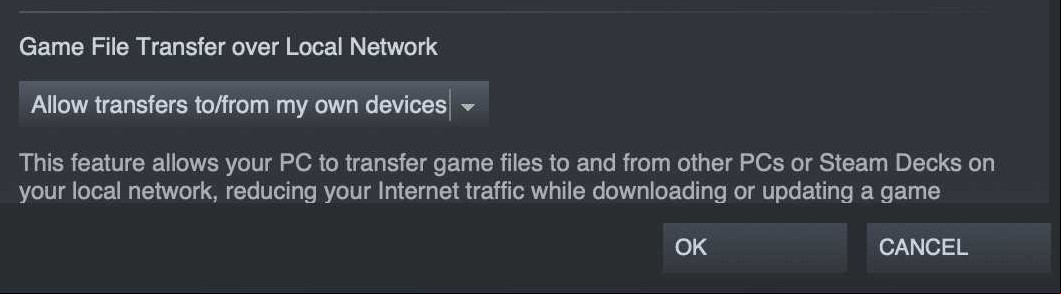 Steam Deck feature could soon give easy access to PC library. An image from the Steam PC client showing local file sharing options with the Valve Steam Deck