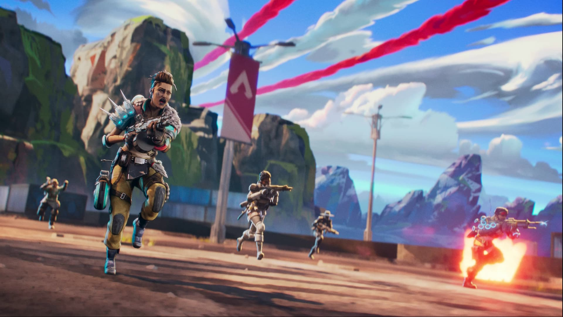 Apex Legends finally adds TDM mode in Season 16, but sunsets Arenas: four people with weapons charging at enemies in an open field