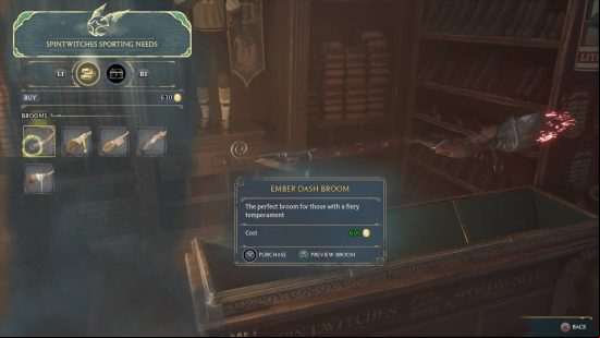 Best Hogwarts Legacy brooms upgrades - all of the different varieties of brooms on sale. The one previewed is the Ember Dash broom which has fiery bristles.