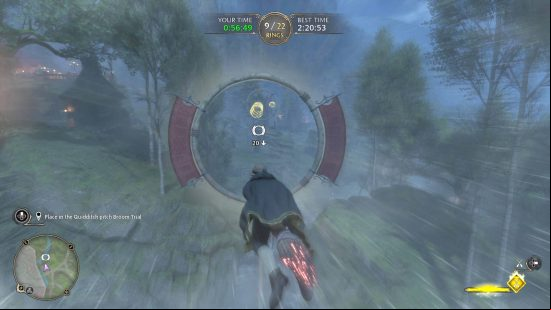 Best Hogwarts Legacy brooms upgrades - the Hufflepuff wizard is flying on a broom through rings in a time trial.