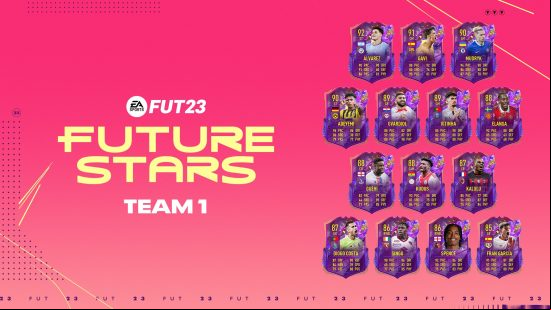 FIFA 23 Future stars: a group of football cards on a bright pink background