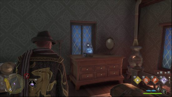 Hogwarts Legacy Demiguise Statue locations - A wizard is standing near a Demiguise statue and its moon which are sat on top of a dresser in a bedroom.