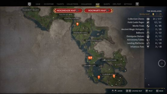 Hogwarts Legacy Infamous Foes - a map showing the southern regions with some pins showing the Infamous Foes locations.