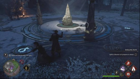 Hogwarts Legacy A Bird in the Hand - the wizard is trying to drag a beacon with Accio while Poppy hunts a spider hatchling. A Centaur stands uselessly in the corner.