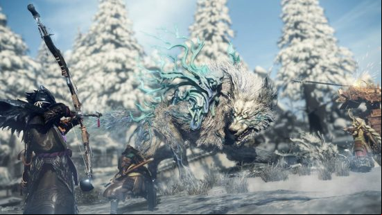 Wild Hearts monsters list - a Deathstalker is surrounded by hunters. The Deathstalker is a wolf with ice crystals on its body.