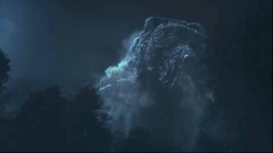 Wild Hearts monsters list - a giant bear rises from the ground during nightfall.
