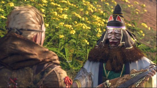 Wild Hearts review - the hunter is speaking with a masked monk named Mujina.
