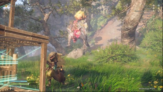 Wild Hearts review - a Ragetail is bouncing around as a hunter sets up some Karakuri blocks.