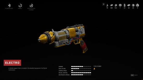 Best Atomic Heart weapons: The Electro, an intricate energy pistol with electrical wires protruding from its barrel.