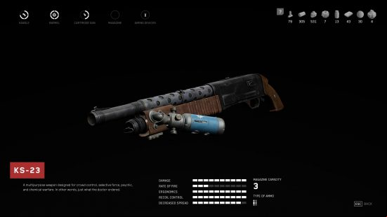 Best Atomic Heart weapons: The KS-23, a standard shotgun with a cryo cartridge module attached to its barrel.