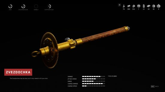 Best Atomic Heart weapons: The Zvezdochka, a long stick with a circular buzz saw mounted on its tip.