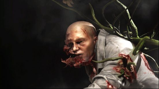 Atomic Heart bosses: A Large Mutant, its human facial features distorted by the fungal mutation that's taken hold, as vines burst forth from its back and arms.