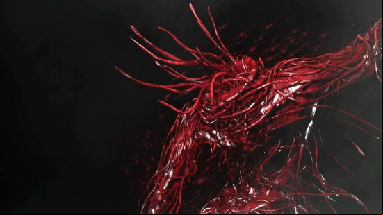 Atomic Heart bosses: Plyusch, an advanced organic mutation, rears back onto its hind legs, viscera seeping from the vines that cover its humanoid form.