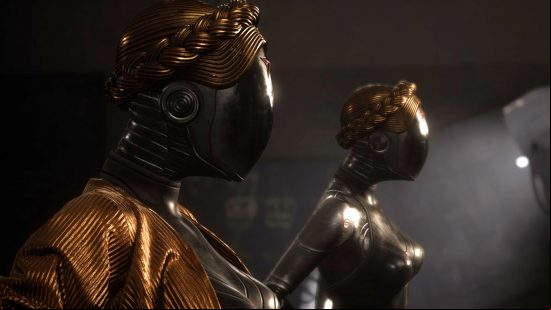 Atomic Heart bosses: The twin ballerinas stand to attention, waiting to receive orders from their handler.