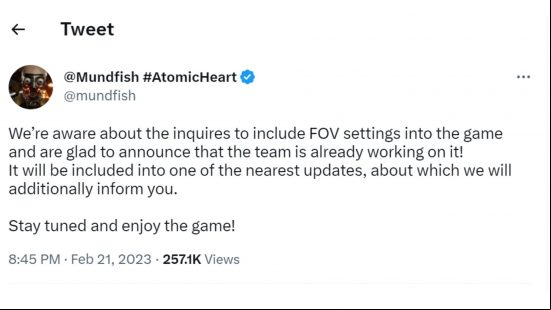 Official Atomic Heart FOV fix addressed by FPS game dev Mundfish