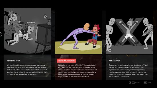 How long is Atomic Heart: The three difficulty modes you can play, from easiest to hardest, as depicted in game.