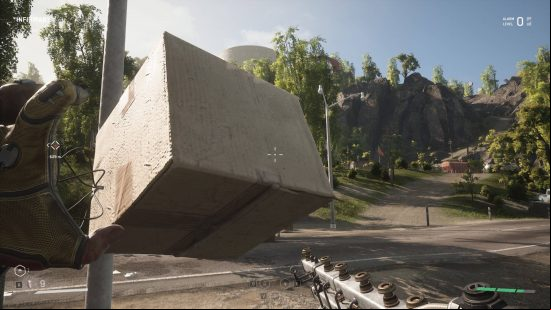 How to throw in Atomic Heart: The player character holding a box