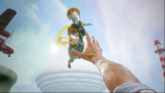 Atomic Heart romance: The final moments in the Atomic Heart ending, depicting one of the twin ballerinas reaching to Major P3, whose own arm is outstretched to take her hand.