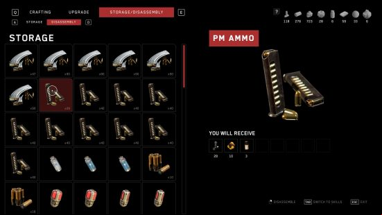 Atomic Heart tips: The disassembly menu, with pistol ammo selected showing the crafting materials you can receive by breaking them down.