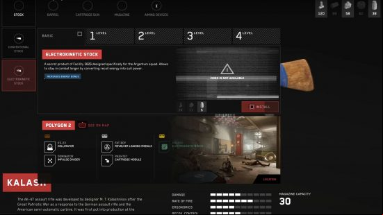 Atomic Heart best weapons: The weapon upgrades menu within NORA, displaying the various attachments for the Kalash, including an Elektrokinetic Stock.