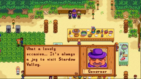 Best PC games - Stardew Valley: The Governor explaining how much he likes visiting Stardew Valley