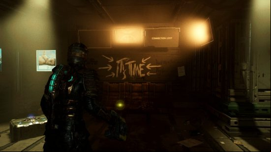 Dead Space schematic locations: Isaac Clarke stands at the entrance to the Ishimura Clinic before a row of waiting room seats holding a schematic, the wall behind them emblazoned with grafitti that reads, 'it's time'.