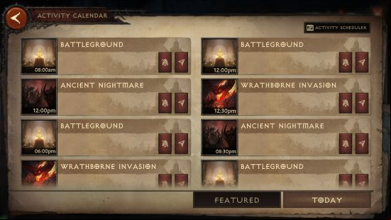 Diablo Immortal update - screenshot of the new activity calendar, with various events listed out