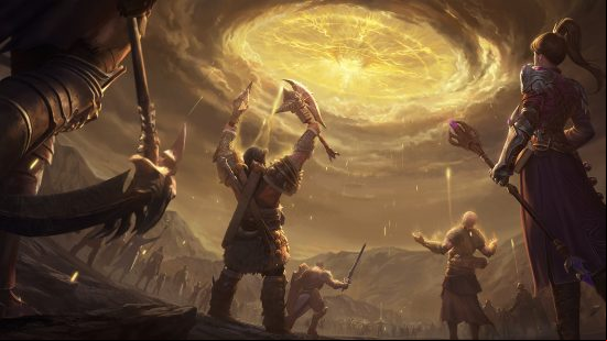 Diablo Immortal update - several characters look up at a golden disc spreading across the clouds