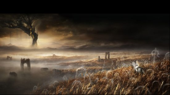 Strap in Tarnished, the Elden Ring DLC is real: a landscape with a woman on a horse, with a large dark tree in the background