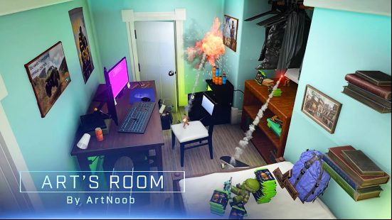 Halo Infinite season 3 trailer - Art's Room by ArtNoob, a map set in a giant rendition of a Halo fan's bedroom with full PC gaming setup and Xbox fridge